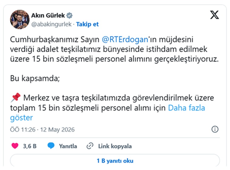 Adalet Bakanlığı 15 Bin Personel Alımı Yapacak paylaşımı